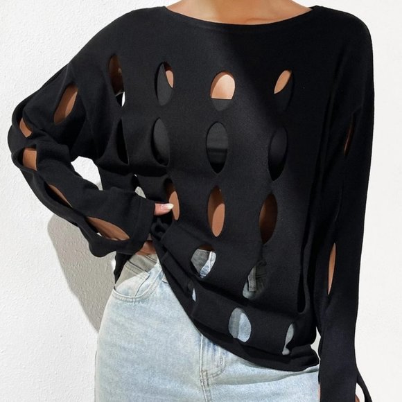 Black Preppy Womens Cut Out Drop Shoulder Sweater - Picture 5 of 5